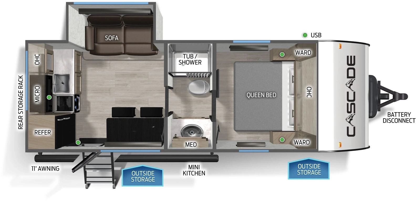 The Cascade 17SCC floorplan has one entry and one slide out. Exterior features include: fiberglass exterior, 11' awning and outside kitchen. Interiors features include: rear kitchen, front bedroom and pass through bathroom.